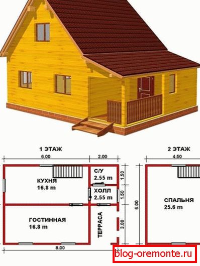 Праект драўлянага дома 6 * 8 з мансардай Праект драўлянага дома 6 * 8 з мансардай
